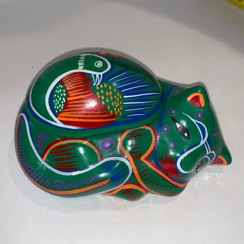 Talavera style cat trinket box. Vibrant colours with flowers and bird.